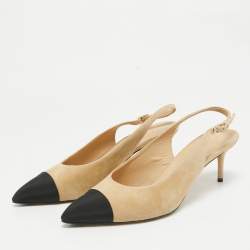 Chanel Beige/Black Leather and Suede Cap Toe Slingback Pumps Size 41