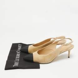 Chanel Beige/Black Leather and Suede Cap Toe Slingback Pumps Size 41