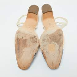 مملوكة مسبقًا Chanel Cream/Blue Leather Cap Toe CC Block Heel Slingback Sandals Size 39