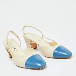 مملوكة مسبقًا Chanel Cream/Blue Leather Cap Toe CC Block Heel Slingback Sandals Size 39
