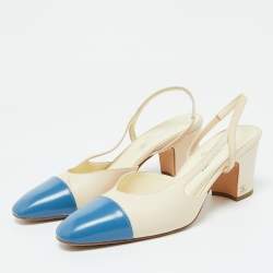 مملوكة مسبقًا Chanel Cream/Blue Leather Cap Toe CC Block Heel Slingback Sandals Size 39