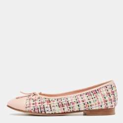 Chanel Multicolor Tweed and Leather CC Cap Toe Bow Ballet Flats Size 36