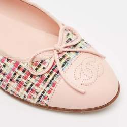 Chanel Multicolor Tweed and Leather CC Cap Toe Bow Ballet Flats Size 36