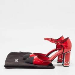 Pre Owned Chanel Red/Black Patent Leather and Fabric Cap Toe Pumps Size 38.5