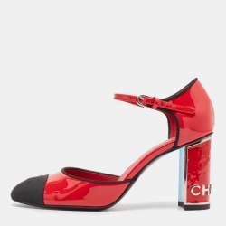 Pre Owned Chanel Red/Black Patent Leather and Fabric Cap Toe Pumps Size 38.5