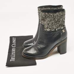 Chanel Black Leather and Tweed Ankle Length Boots Size 38.5