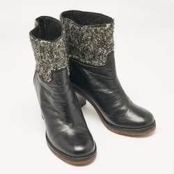Chanel Black Leather and Tweed Ankle Length Boots Size 38.5