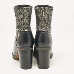 Chanel Black Leather and Tweed Ankle Length Boots Size 38.5