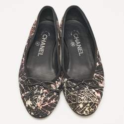 Chanel Black Printed Tweed CC Bow Ballet Flats Size 36