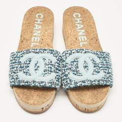 Chanel Blue Tweed CC Platform Slides Size 41