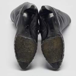Pre Owned Chanel Black Leather Chain Detail Cap Toe Mid Length Boots Size 38.5