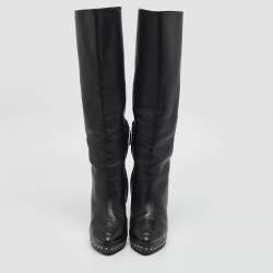 Pre Owned Chanel Black Leather Chain Detail Cap Toe Mid Length Boots Size 38.5