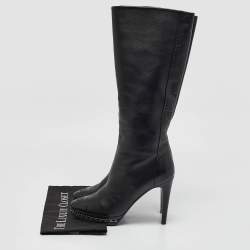 Pre Owned Chanel Black Leather Chain Detail Cap Toe Mid Length Boots Size 38.5