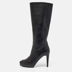 Pre Owned Chanel Black Leather Chain Detail Cap Toe Mid Length Boots Size 38.5