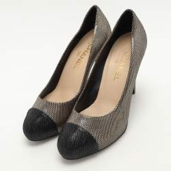 Pre Owned Chanel Metallic Gold/Black Textured Suede CC Platform Pumps Size 38