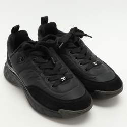 Pre Owned Chanel Black Nylon and Suede CC Low Top Sneakers Size 38.5