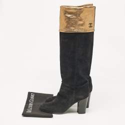 Chanel Black Suede CC Knee Length Boots Size 40.5