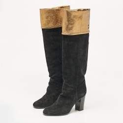 Chanel Black Suede CC Knee Length Boots Size 40.5