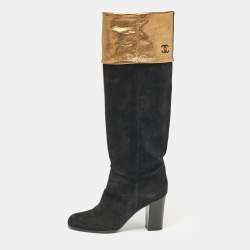 Chanel Black Suede CC Knee Length Boots Size 40.5