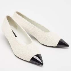 Chanel White/Black Patent Leather and Tweed Pointed Toe Pumps Size 38