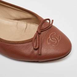 Chanel Brown Leather CC Cap Toe Bow Ballet Flats Size 38