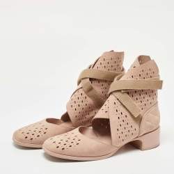 Chanel Beige Suede Laser Cut Velcro CC Logo Ankle Length Boots Size 39