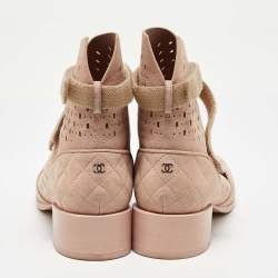 Chanel Beige Suede Laser Cut Velcro CC Logo Ankle Length Boots Size 39