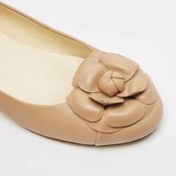 Chanel Light Brown Leather CC Camellia Ballet Flats Size 37