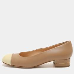 Pre Owned Chanel Brown/Beige Patent and Leather CC Cap Toe Block Heel Pumps Size 41
