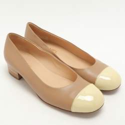 Pre Owned Chanel Brown/Beige Patent and Leather CC Cap Toe Block Heel Pumps Size 41