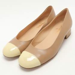 Pre Owned Chanel Brown/Beige Patent and Leather CC Cap Toe Block Heel Pumps Size 41