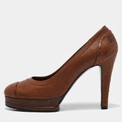 Chanel Brown Leather Platform Cap Toe Pumps Size 39
