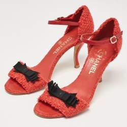 Chanel Red Tweed CC Bow Ankle Strap Sandals Size 38.5