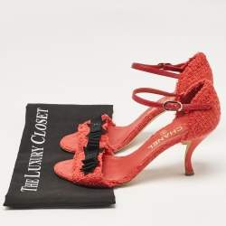 Chanel Red Tweed CC Bow Ankle Strap Sandals Size 38.5