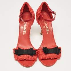 Chanel Red Tweed CC Bow Ankle Strap Sandals Size 38.5