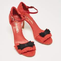 Chanel Red Tweed CC Bow Ankle Strap Sandals Size 38.5