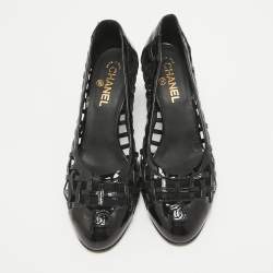 Chanel Black Patent Leather CC Cap Toe Caged Pumps Size 40