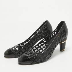 Chanel Black Patent Leather CC Cap Toe Caged Pumps Size 40