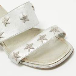 Chanel Silver Leather Star Crystal Embellished Slide Sandals Size 38.5