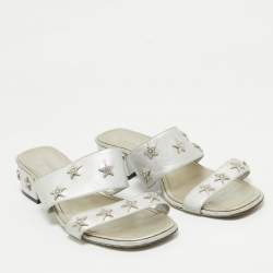 Chanel Silver Leather Star Crystal Embellished Slide Sandals Size 38.5