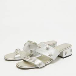 Chanel Silver Leather Star Crystal Embellished Slide Sandals Size 38.5