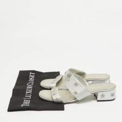 Chanel Silver Leather Star Crystal Embellished Slide Sandals Size 38.5