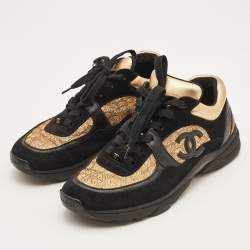 Pre Owned Chanel Black/Gold Suede and Leather CC Low Top Sneakers Size 37