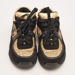 Pre Owned Chanel Black/Gold Suede and Leather CC Low Top Sneakers Size 37