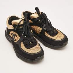 Pre Owned Chanel Black/Gold Suede and Leather CC Low Top Sneakers Size 37