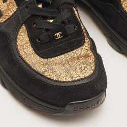 Pre Owned Chanel Black/Gold Suede and Leather CC Low Top Sneakers Size 37