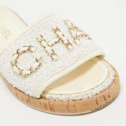 Pre Owned Chanel Off White Tweed Chain Detail Cork Slide Sandals Size 37