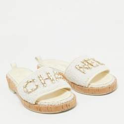 Pre Owned Chanel Off White Tweed Chain Detail Cork Slide Sandals Size 37