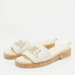 Pre Owned Chanel Off White Tweed Chain Detail Cork Slide Sandals Size 37