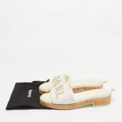 Pre Owned Chanel Off White Tweed Chain Detail Cork Slide Sandals Size 37